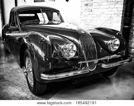 BERLIN - MAY 11: Sport car Jaguar XK140 coupe (black and white) 26th Oldtimer-Tage Berlin-Brandenburg May 11 2013 Berlin Germany