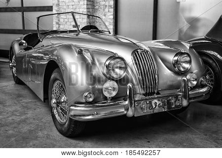 BERLIN - MAY 11: Sport car Jaguar XK140 Roadster (black and white) 26th Oldtimer-Tage Berlin-Brandenburg May 11 2013 Berlin Germany