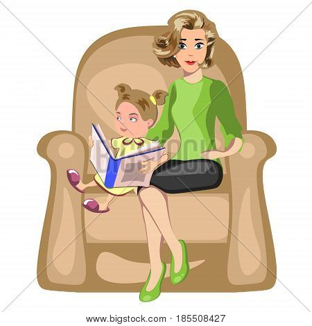 Young mother reading book to her daughter. Vector illustration