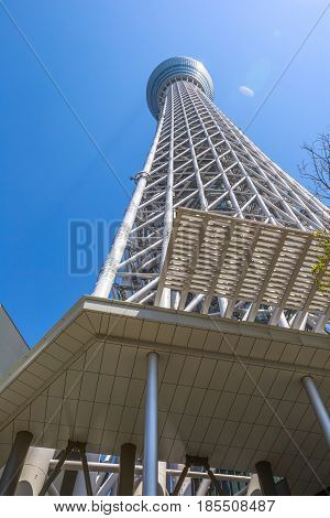 Tokyo, Japan - April 19, 2017: bottom view of Tokyo Skytree in a sunny blue sky. Tokyo Skytree is the tallest tower in the world, broadcasting and observation tower in Sumida District. Vertical shot.