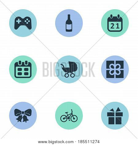 Vector Illustration Set Of Simple Holiday Icons. Elements Box, Special Day, Beverage And Other Synonyms Fizz, Baby And Bicycle.