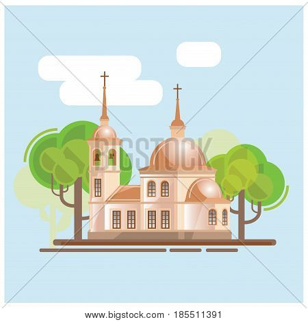 Church and trees ladscape vector illustration. Made in cartoon style.