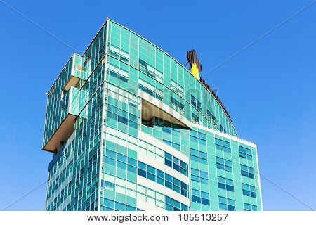 Samara Russia - May 7 2017: The emblem of the oil company Rosneft on the office building. Rosneft is one of the largest russian oil companies