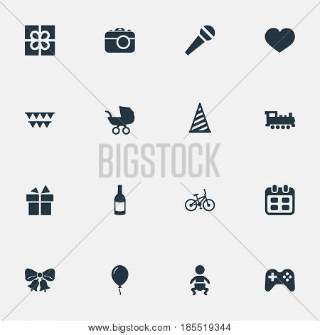 Vector Illustration Set Of Simple Celebration Icons. Elements Ribbon, Aerostat, Resonate And Other Synonyms Party, Microphone And Gift.