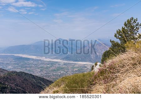 View from Monte Chiampon to plain of Friuli-Venezia Giulia in Italy in spring