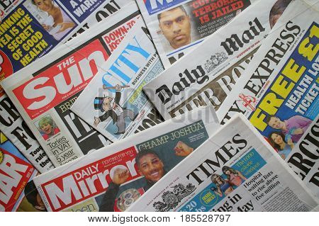 Bracknell, England - May 09, 2017: A random selection of British daily newspapers currently in circulation