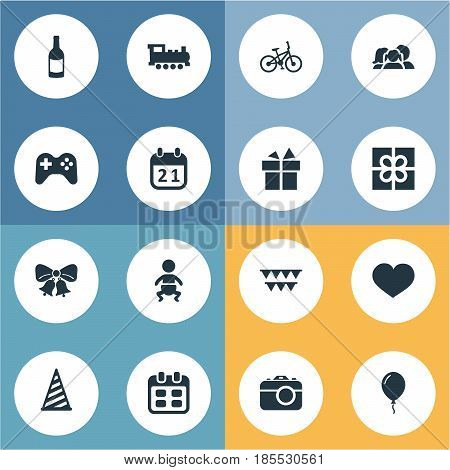 Vector Illustration Set Of Simple Holiday Icons. Elements Aerostat, Ribbon, Train And Other Synonyms Photo, Beverage And Party.