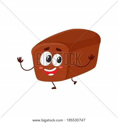 Funny whole wheat, dark, brown bread loaf character with smiling human face, cartoon vector illustration isolated on a white background. Crispy brown bread loaf character, mascot with smiling face