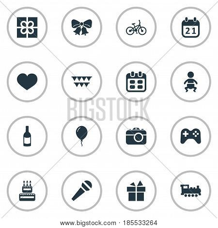 Vector Illustration Set Of Simple Birthday Icons. Elements Ribbon, Aerostat, Camera And Other Synonyms Soul, Fizz And Joystick.