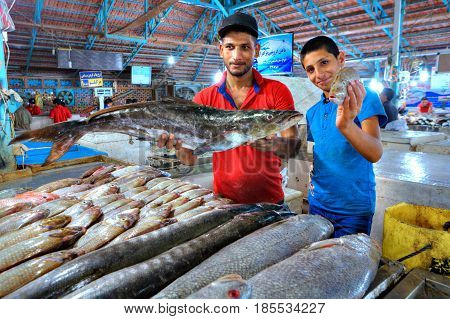 Bandar Abbas Hormozgan Province Iran - 15 april 2017: Persian traders shows fresh fish at the indoor market.