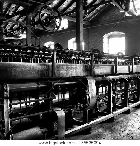 old vintage industry factory machines interior in black and white