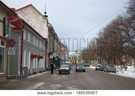 SORTAVALA, RUSSIA - FEBRUARY 18, 2017: Cloudy February day on the Kirov square