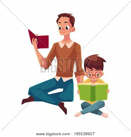 Young man and little boy reading books sitting legs crossed on the floor, cartoon vector illustration isolated on white background. Man and boy, father and son reading thick interesting books, sitting
