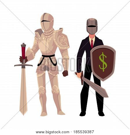 Medievel and modern, businessman knight in metal armor and business suit, cartoon vector illustration isolated on white background. Two knights - modern and medievel, standing, holding sword