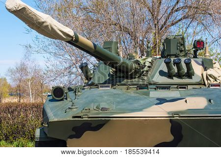 Fragment of a Russian tank against the blue sky 2017