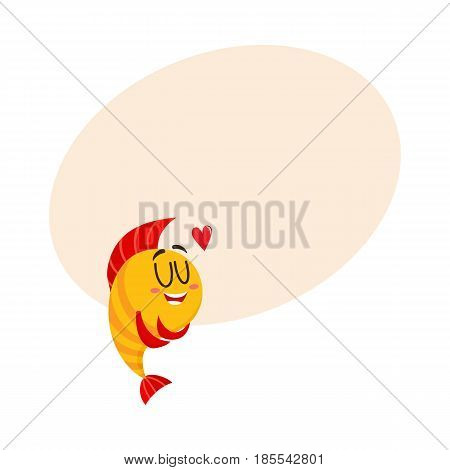 Cute, funny golden, yellow fish character with human face showing love, cartoon vector illustration with space for text. Yellow fish character, mascot hugging itself, happy from love