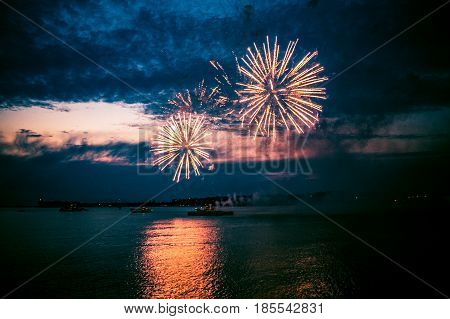 Fireworks over the sea Bay in Sevastopol, not the evening sky