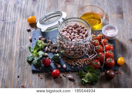 Beans in bowl vegan and vegetarian cooking ingredients with vegetables healthy food clean eating vegan protein