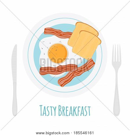 Healthy breakfast - bacon, egg, toast. Fried bread, meat with fork and knife made in cartoon flat style.
