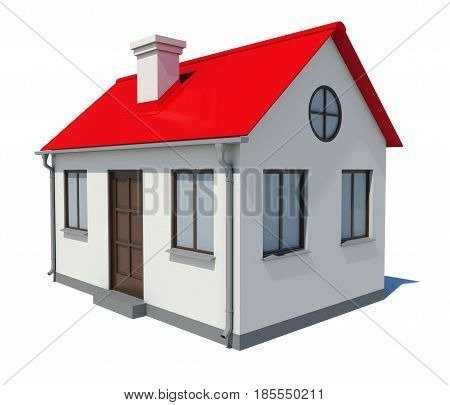 Small house with red roof on white background, 3D illustration