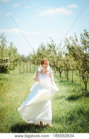 Young Beautiful Blonde Woman In Blooming Garden. Bride.