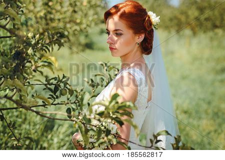 Young Beautiful Blonde Woman In Blooming Garden. Bride.