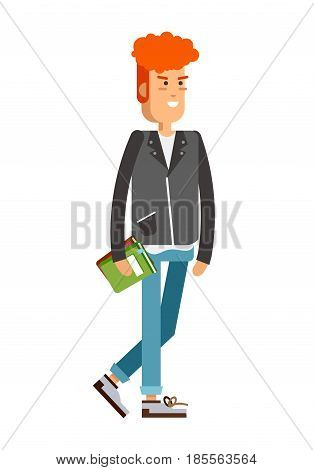 Vector detailed character people, character young man or sudent with book, male character in casual clothing style. Creative boy isolated on white background