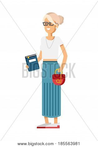 Vector detailed character people, character young women or sudent with book, woman in casual clothing style. Creative woman isolated on white background