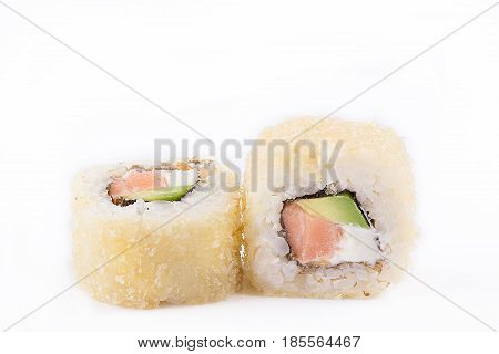 Fried Sushi Roll With Salmon, Cream Cheese And Avocado . Japanese Food. Hot Roll With A Crisp Crusty