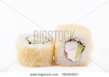 Fried Sushi Roll With Shrimps, Cream Cheese, Avocado. Japanese Food. Hot Roll With A Crisp Crusty On