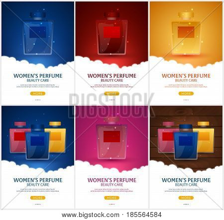 Perfume Bottle. Womens Perfume. Beauty Care. Template, Mockup For Ads, Magazine, Branding. Vector Il