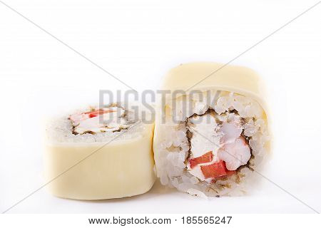 Japanese Cuisine, Sushi Set: Roll With Shrimps, Cream Cheese, Melted Cheese, Paprika On A White Back