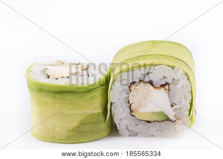 Japanese Cuisine, Sushi Set: Roll With Eel, Cream Cheese, Japanese Omelette, Avocado On A White Back