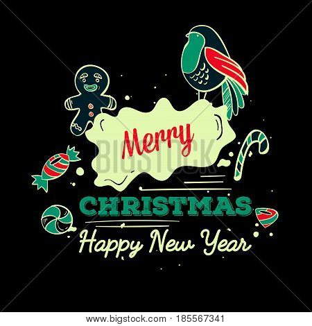 Vector christmas lettering greeting with candy cane and gingerbread man and litlle bird. Illustration of new year holiday card.
