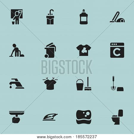 Set Of 16 Editable Dry-Cleaning Icons. Includes Symbols Such As Vacuum Cleaner, Servant, Laundress And More. Can Be Used For Web, Mobile, UI And Infographic Design.