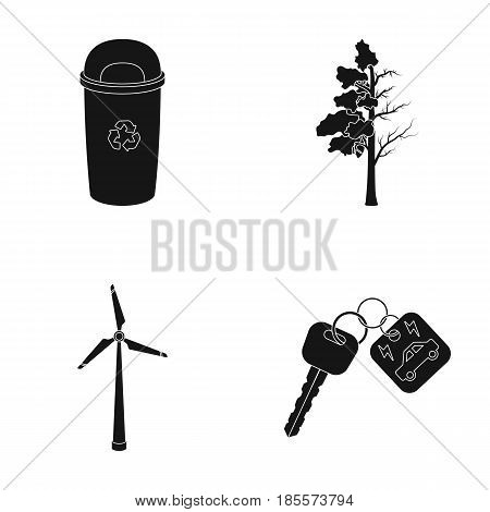 A garbage can, a diseased tree, a wind turbine, a key to a bio car.Bio and ecology set collection icons in black style vector symbol stock illustration .