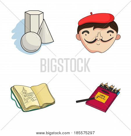 Geometric still life, a self-portrait of the artist, a notebook with drawings, a box of colored pencils.Artist and drawing set collection icons in cartoon style vector symbol stock illustration .