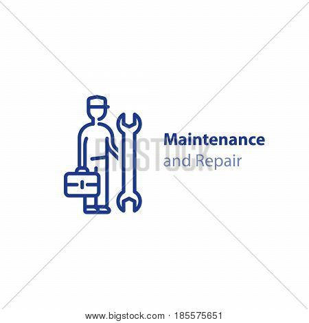 Maintenance and repair services, repairman with spanner and case, installation worker, technical engineer, vector mono line icon