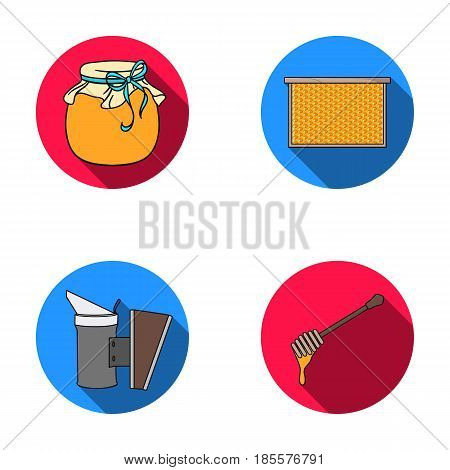 A frame with honeycombs, a ladle of honey, a fumigator from bees, a jar of honey.Apiary set collection icons in flat style vector symbol stock illustration .