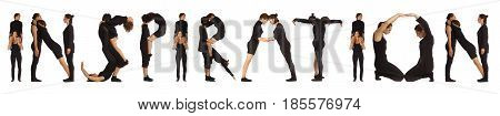 Black dressed people forming word INSPIRATION on white background