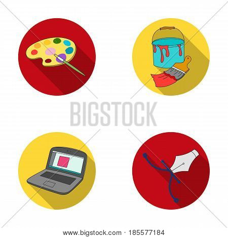 A palette with a brush, a bucket with a paint brush, a computer, a tool, a pen.Artist and drawing set collection icons in flat style vector symbol stock illustration .