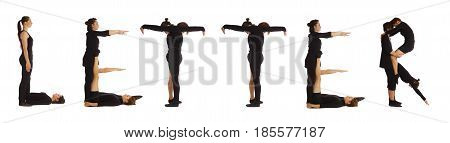 Black dressed people forming word LETTER on white background