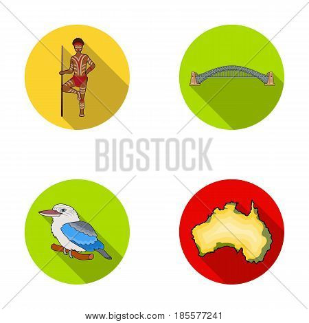 Aborigine with a spear, Sydney Harbor Bridge, kookabarra on a branch, the territory of the country.Australia set collection icons in flat style vector symbol stock illustration .