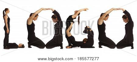 Black dressed people forming word LOGO on white background