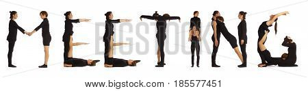 Black dressed people forming word MEETING on white background