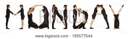 Black dressed people forming word MONDAY on white background