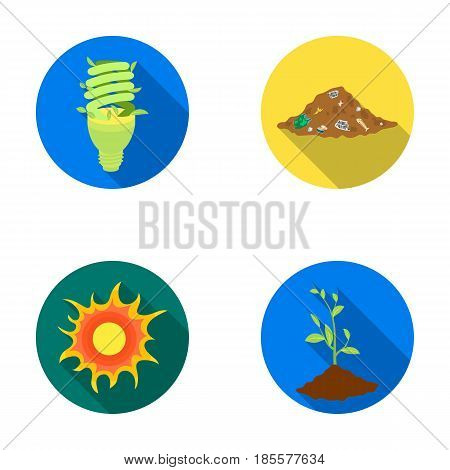 An ecological lamp, the sun, a garbage dump, a sprout from the earth.Bio and ecology set collection icons in flat style vector symbol stock illustration .