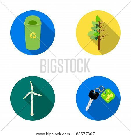 A garbage can, a diseased tree, a wind turbine, a key to a bio car.Bio and ecology set collection icons in flat style vector symbol stock illustration .