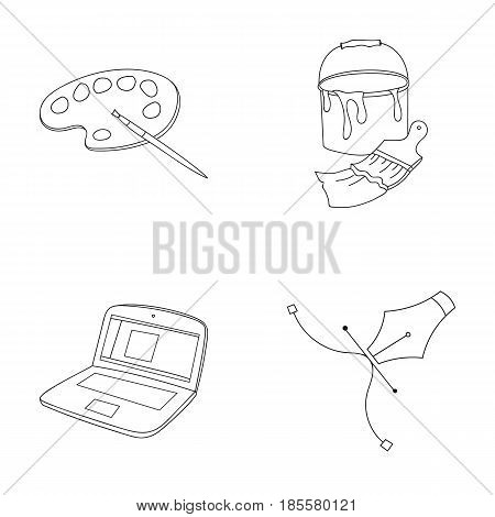 A palette with a brush, a bucket with a paint brush, a computer, a tool, a pen.Artist and drawing set collection icons in outline style vector symbol stock illustration .