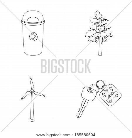 A garbage can, a diseased tree, a wind turbine, a key to a bio car.Bio and ecology set collection icons in outline style vector symbol stock illustration .